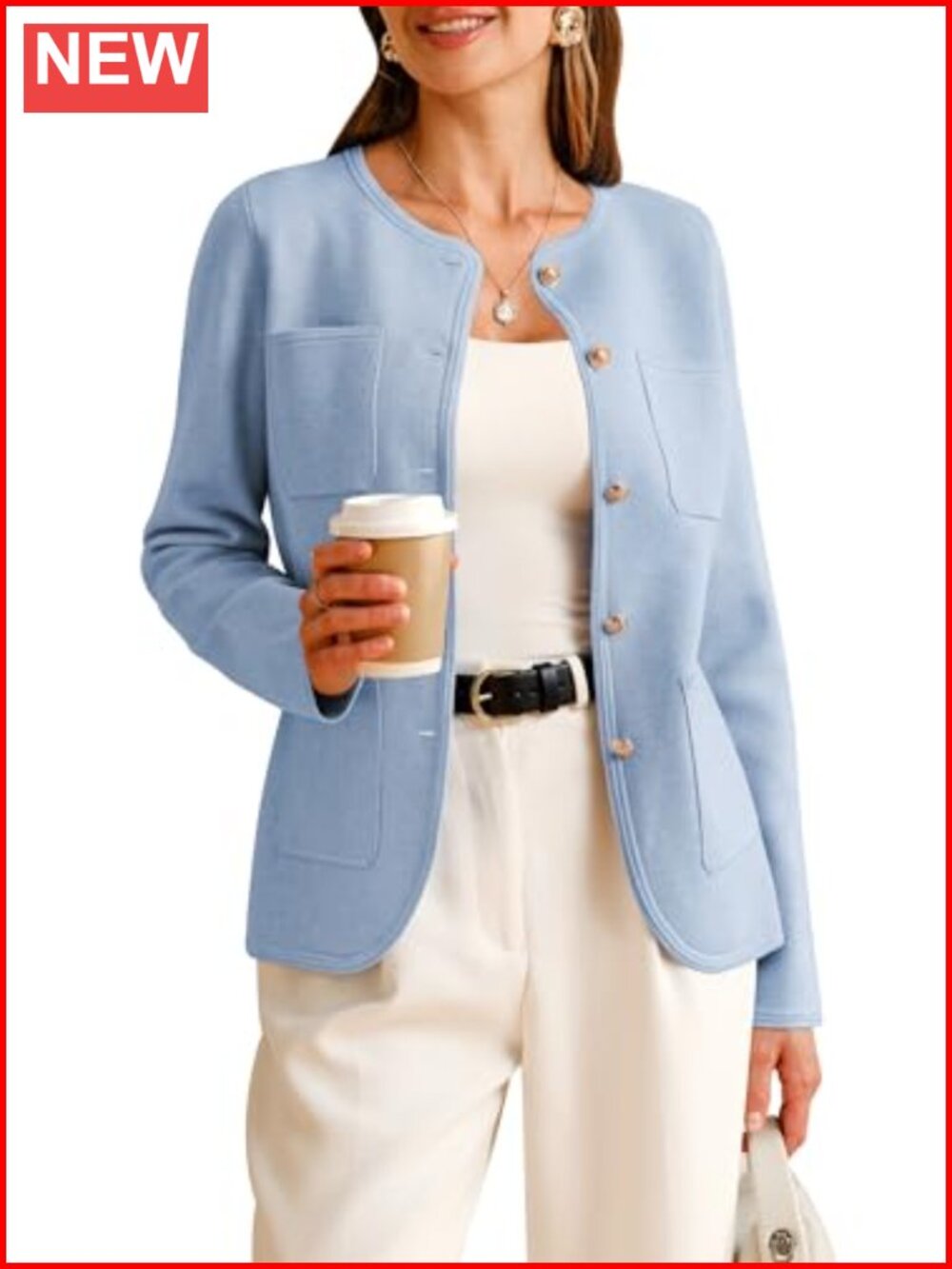 Women's Wool Blend Collarless Blazer with Gold Buttons